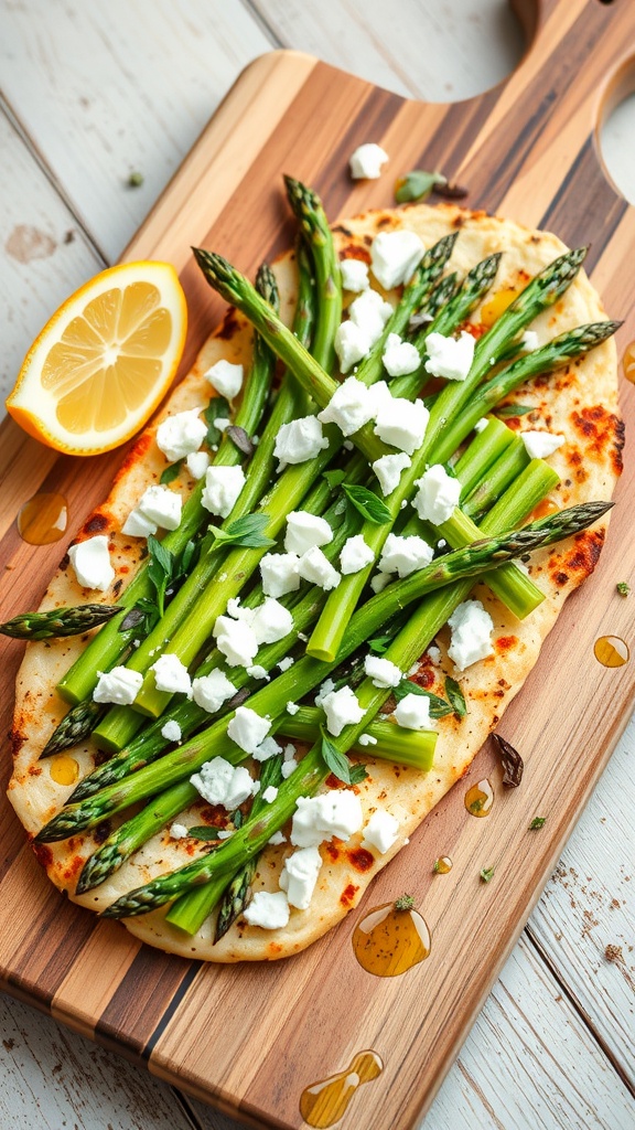 Asparagus flatbread topped with goat cheese and fresh herbs on a wooden board with lemon wedges.